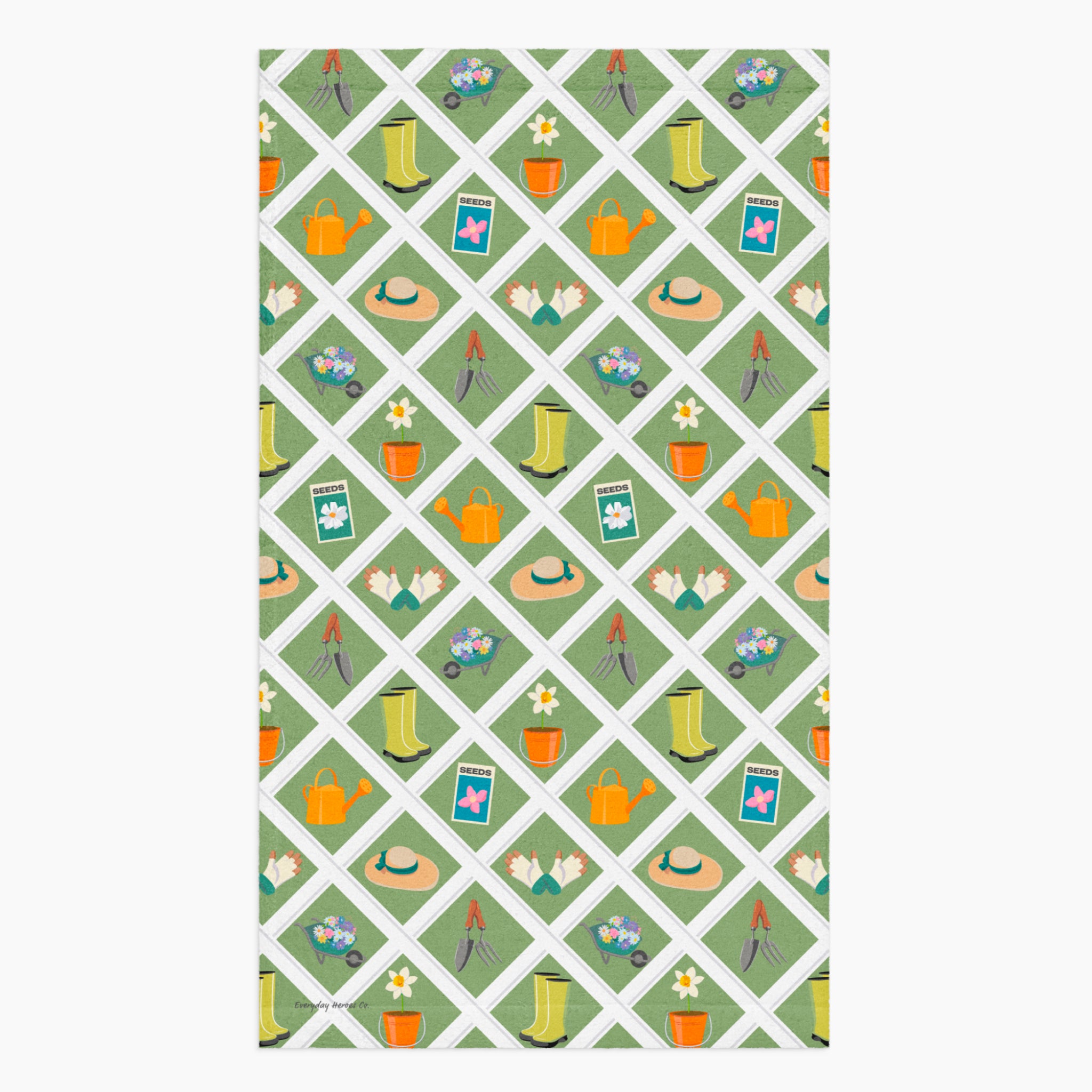 Cloth kitchen hand towel with green garden-themed pattern on a white background