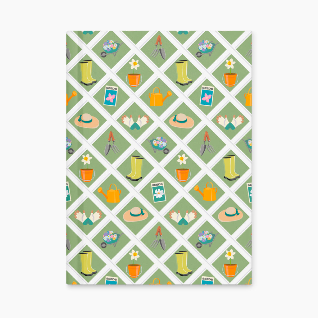 Hardcover journal with green garden lattice fence patterned front cover design on a white background