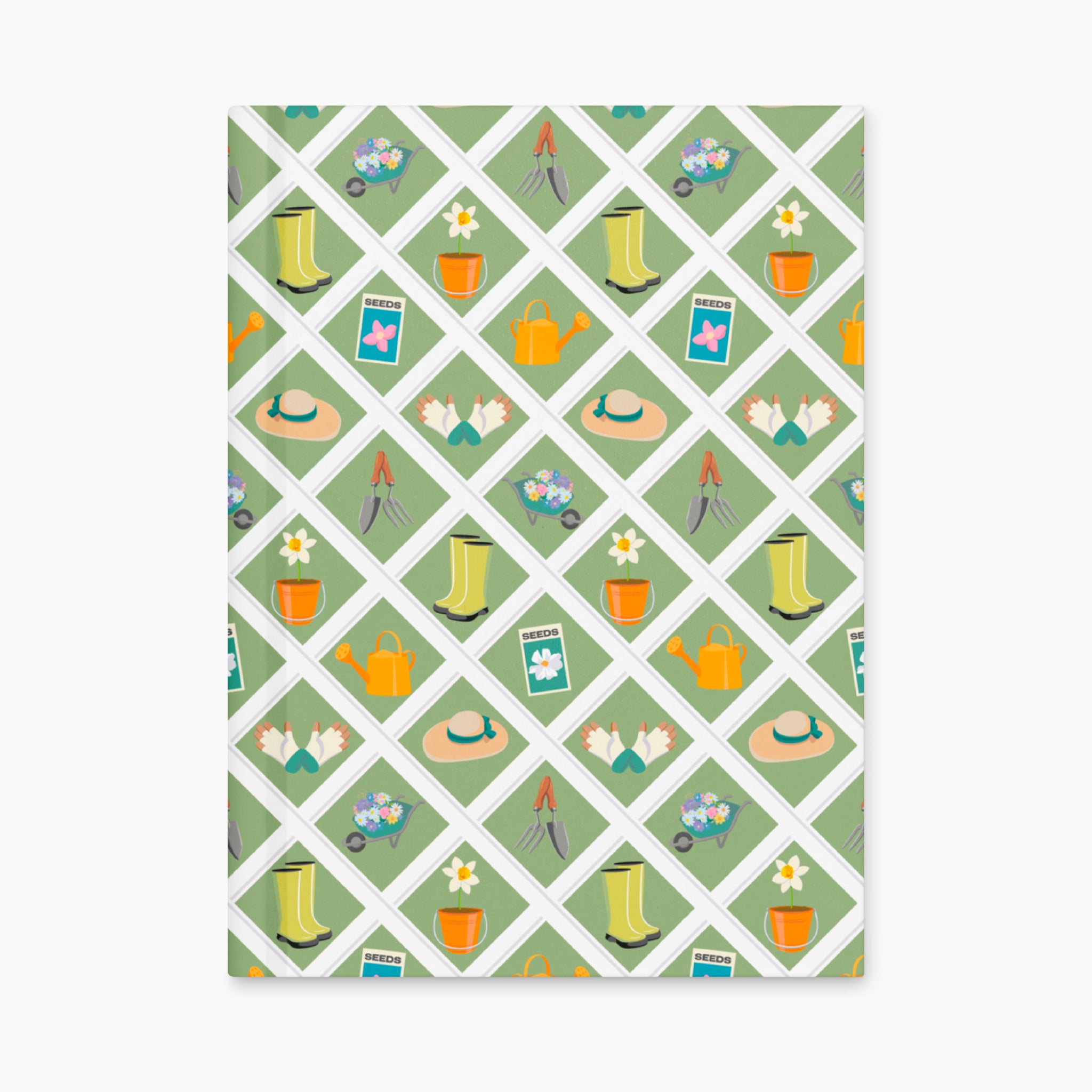 Hardcover journal with green garden lattice fence patterned front cover design on a white background
