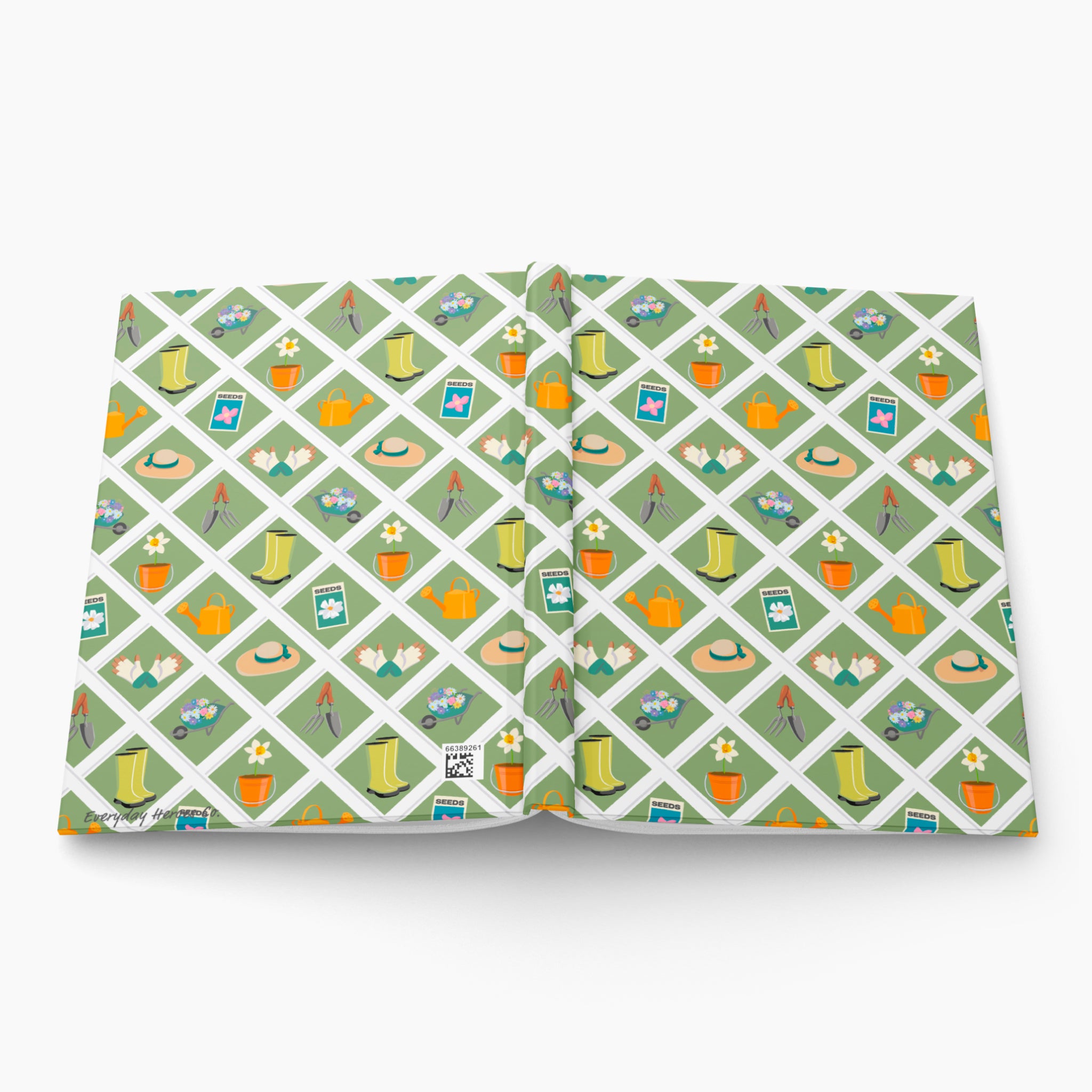 Hardcover journal with green garden lattice fence patterned cover design on a white background