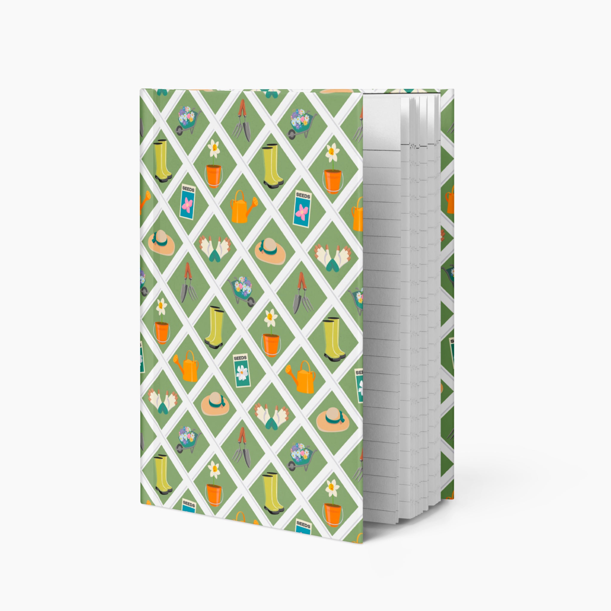 Hardcover journal with green garden lattice fence patterned cover design and lined pages on a white background