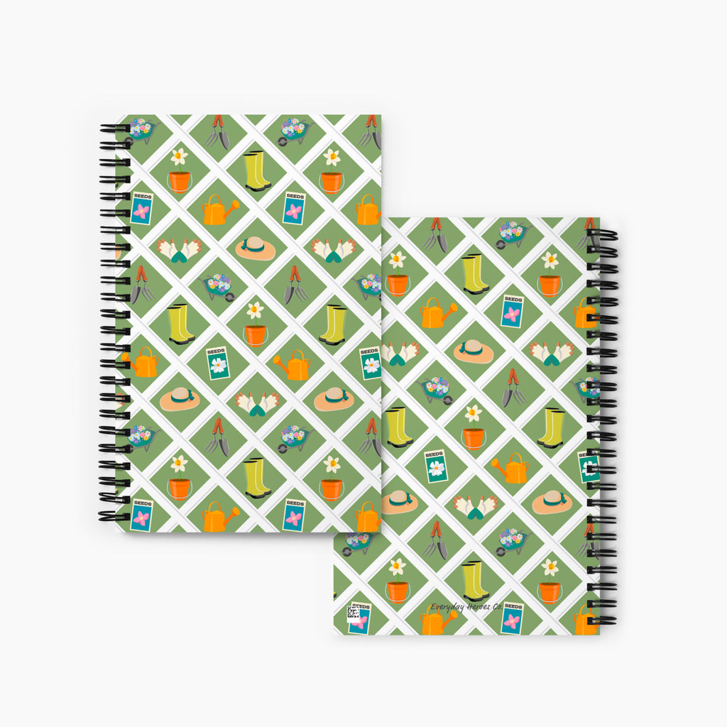 Front and Back covers of  spiral notebooks with green garden-themed cover design on a white background