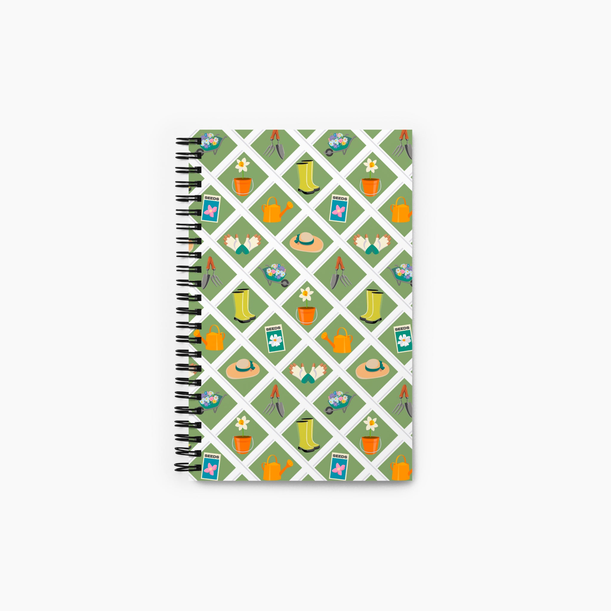 Spiral Notebook with gardening-themed pattern on a white background