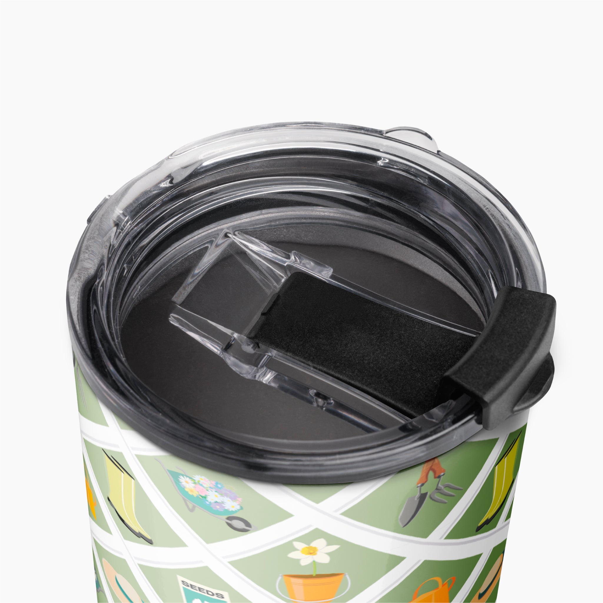Tumbler with a green garden lattice fence pattern on a white background