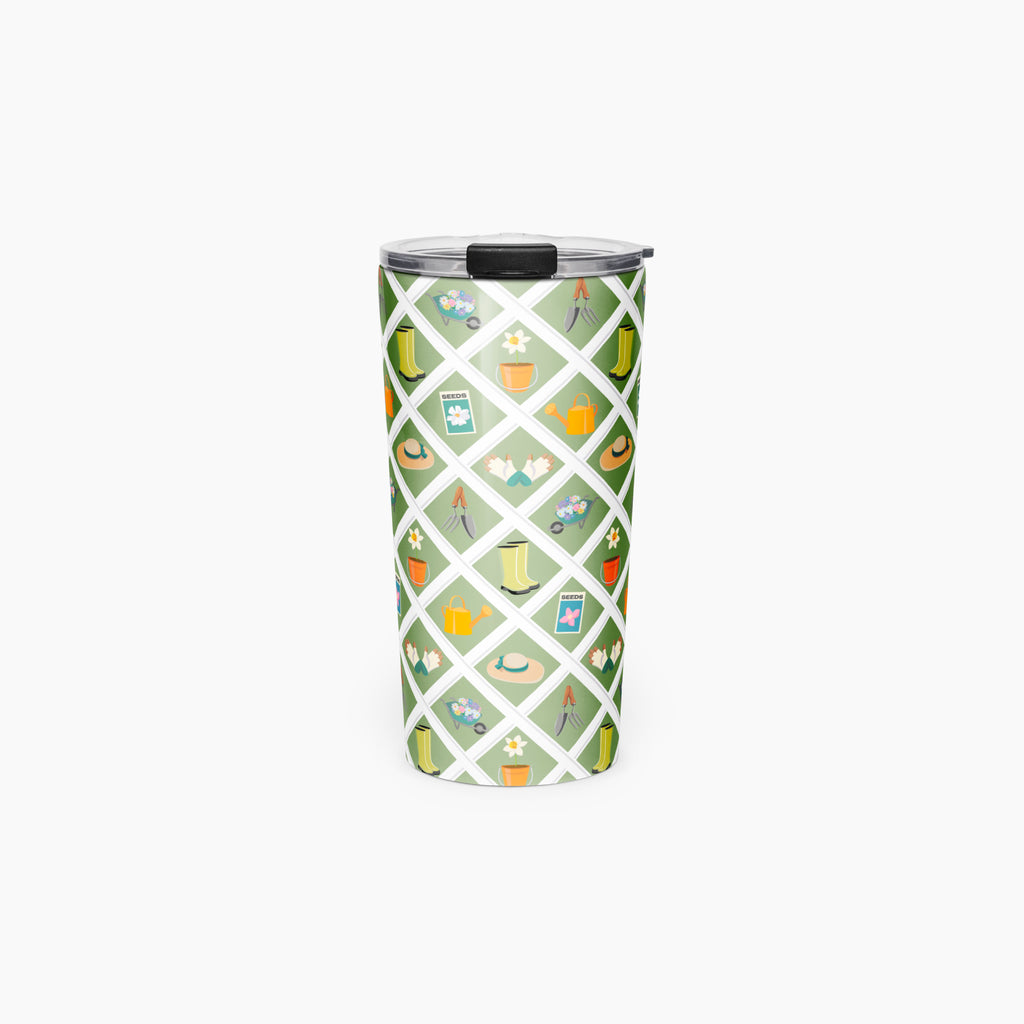 Tumbler with a green garden lattice fence pattern on a white background