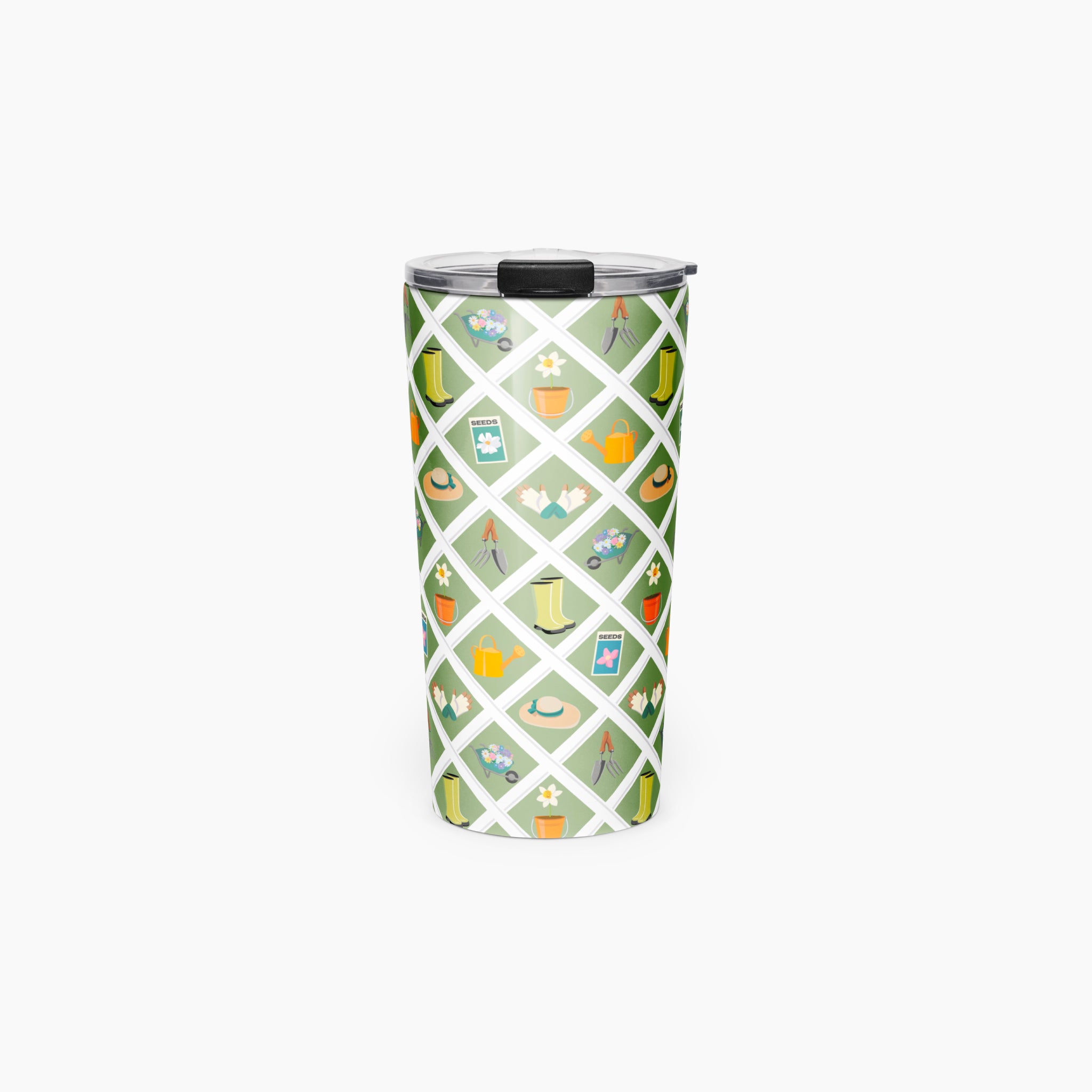 Tumbler with a green garden lattice fence pattern on a white background