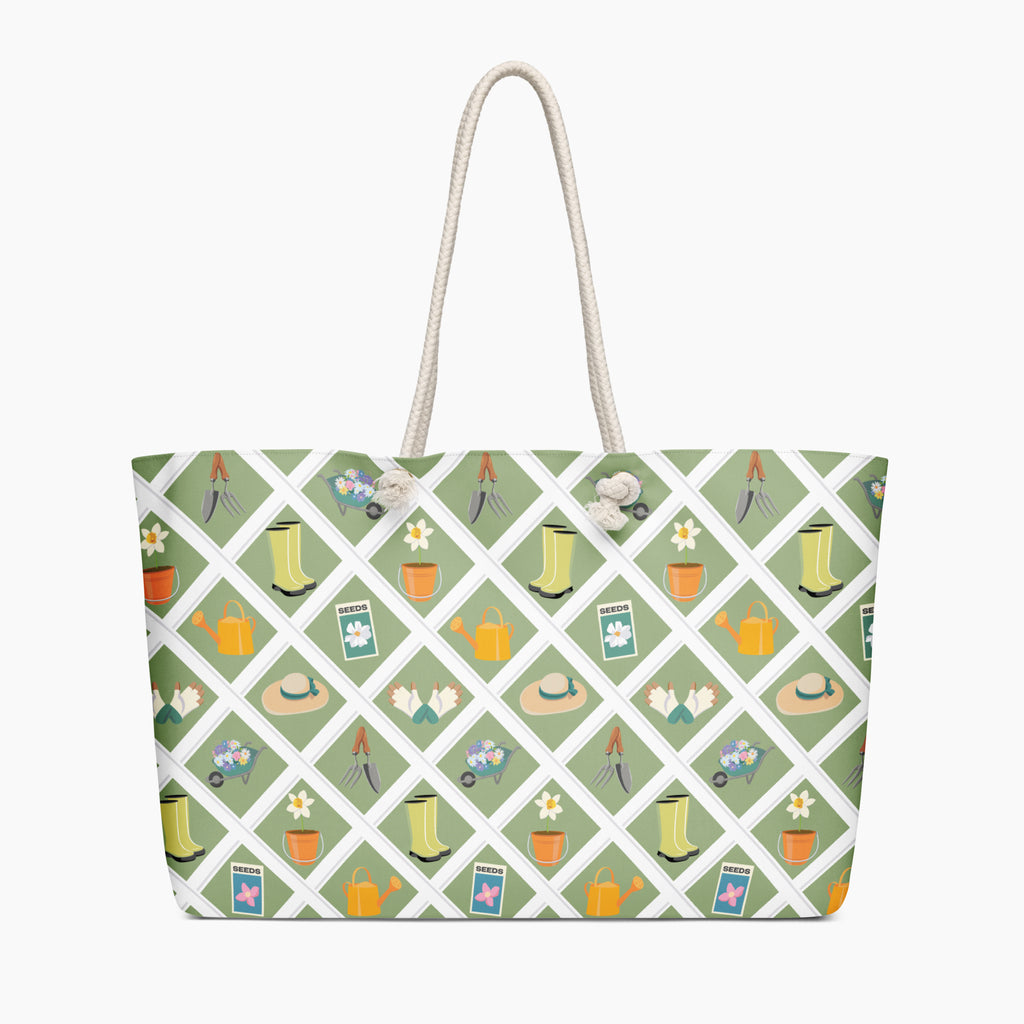 Tote bag with green gardening-themed pattern on a white background