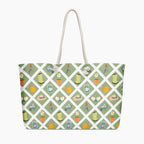 Tote bag with green gardening-themed pattern on a white background