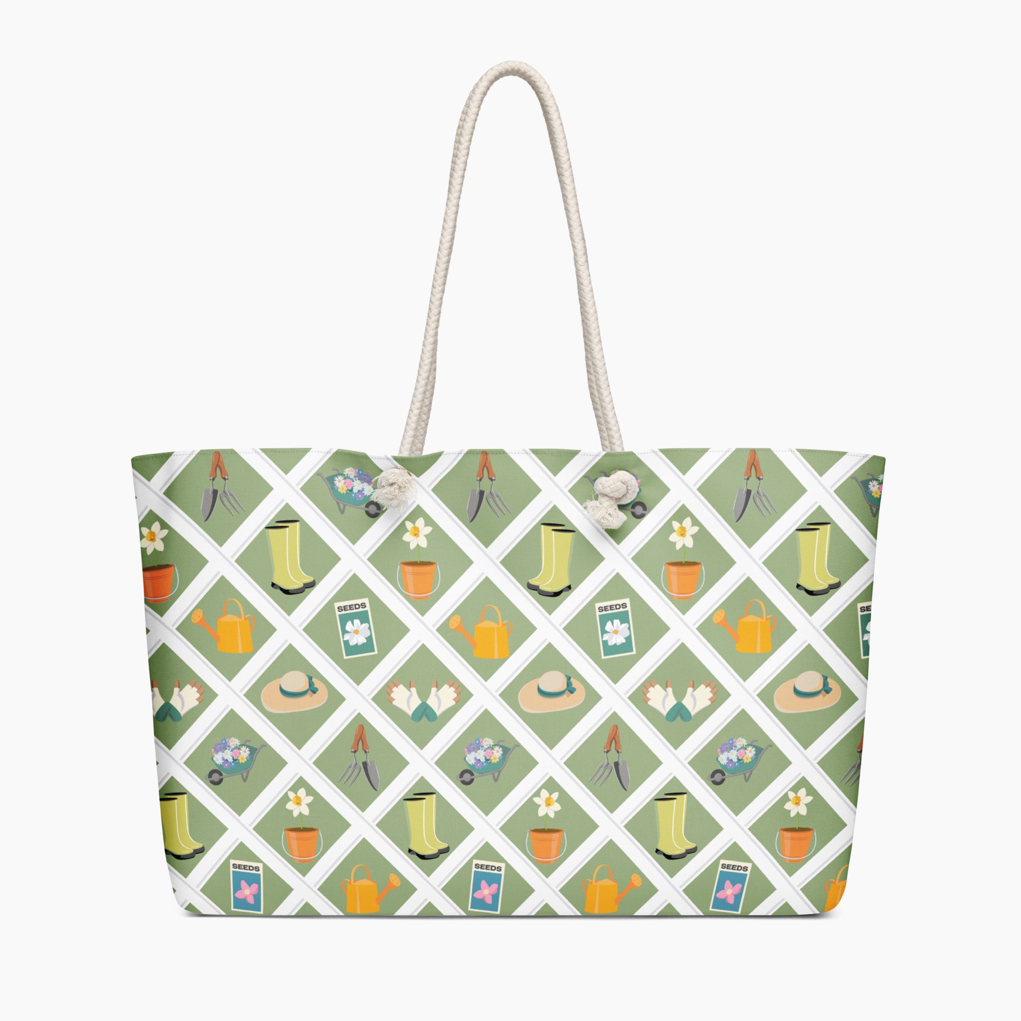 Tote bag with green gardening-themed pattern on a white background