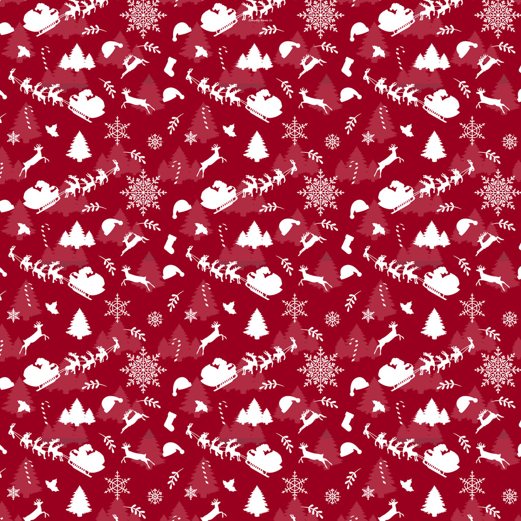 A repeating Christmas-themed wrapping paper pattern on a deep red background with white silhouettes of sledding reindeer, Santa Claus, trees, snowflakes, birds, and other holiday motifs.