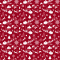 A repeating Christmas-themed wrapping paper pattern on a deep red background with white silhouettes of sledding reindeer, Santa Claus, trees, snowflakes, birds, and other holiday motifs.