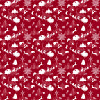 A repeating Christmas-themed wrapping paper pattern on a deep red background with white silhouettes of sledding reindeer, Santa Claus, trees, snowflakes, birds, and other holiday motifs.