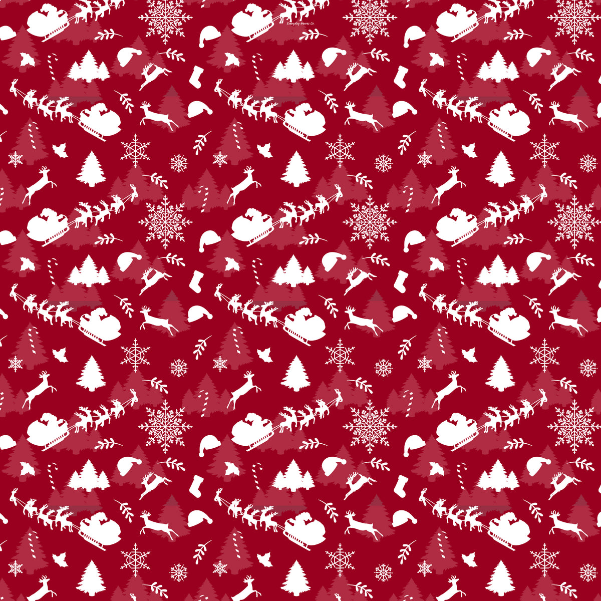 A repeating Christmas-themed wrapping paper pattern on a deep red background with white silhouettes of sledding reindeer, Santa Claus, trees, snowflakes, birds, and other holiday motifs.