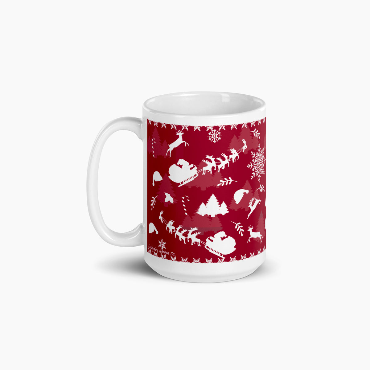 A white ceramic mug featuring a festive deep red wraparound print with white holiday silhouettes, including snowflakes, trees, Santa hats, sleighs, and reindeer shown against a light grey background.