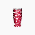 A deep red insulated tumbler with a white Christmas-themed pattern of Santa Claus, reindeer, snowflakes, and trees, featuring a clear lid with a black flip cover lid, set against a plain light grey background.