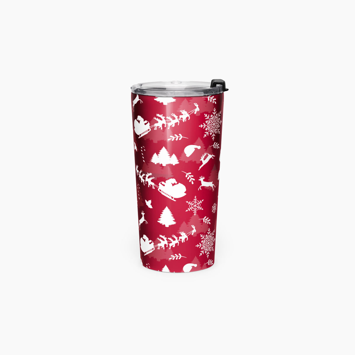 A deep red insulated tumbler with a white Christmas-themed pattern of Santa Claus, reindeer, snowflakes, and trees, featuring a clear lid with a black flip cover lid, set against a plain light grey background.