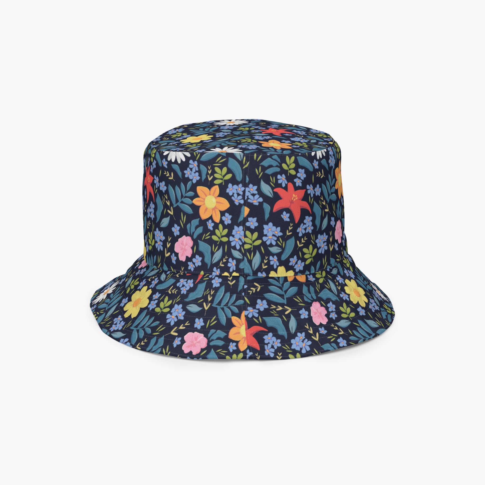 Reversible bucket hat with custom printed blue floral design on a white background