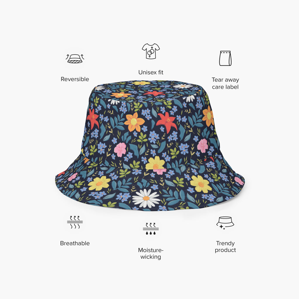 Reversible bucket hat with custom printed blue floral design on a white background