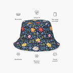 Reversible bucket hat with custom printed blue floral design on a white background