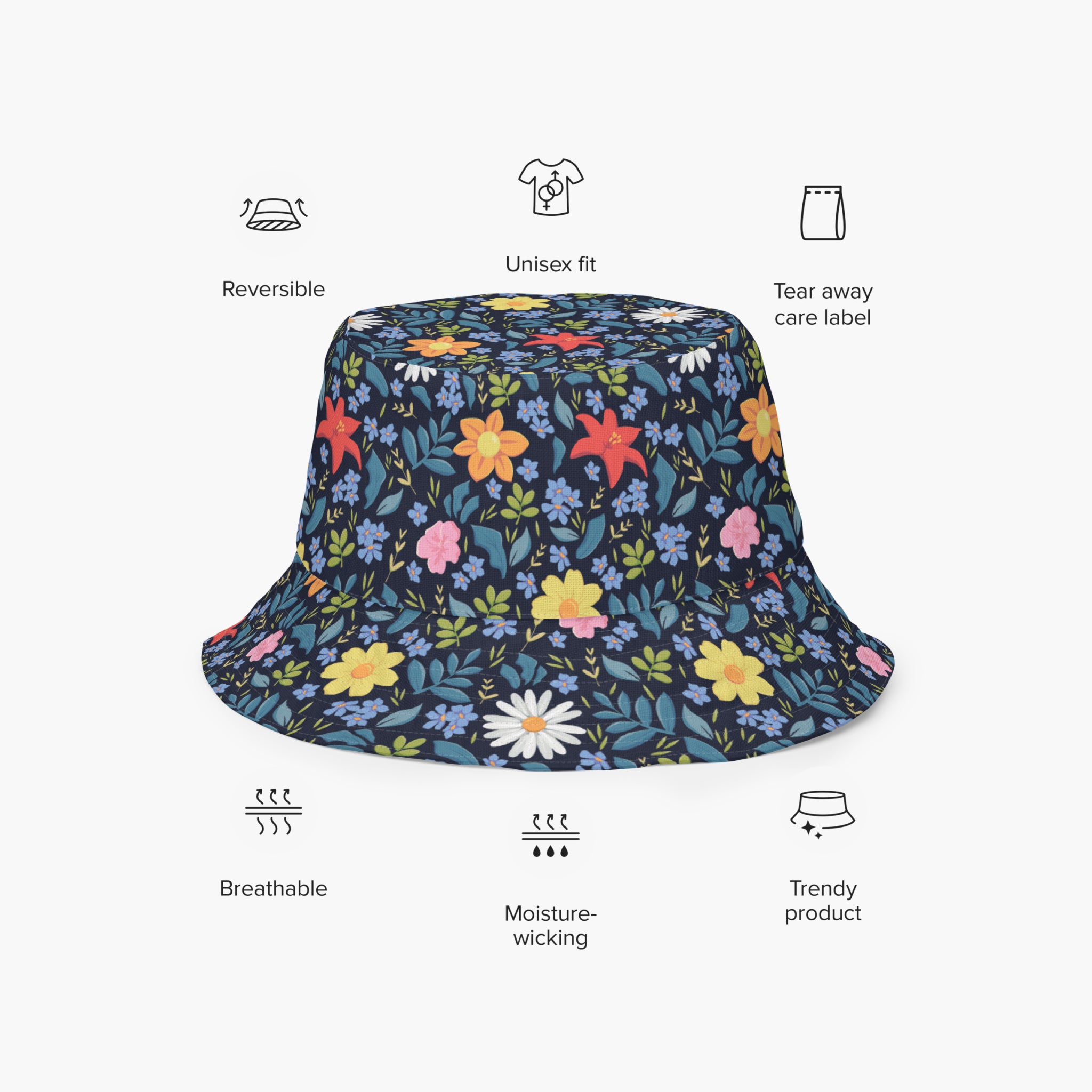 Reversible bucket hat with custom printed blue floral design on a white background
