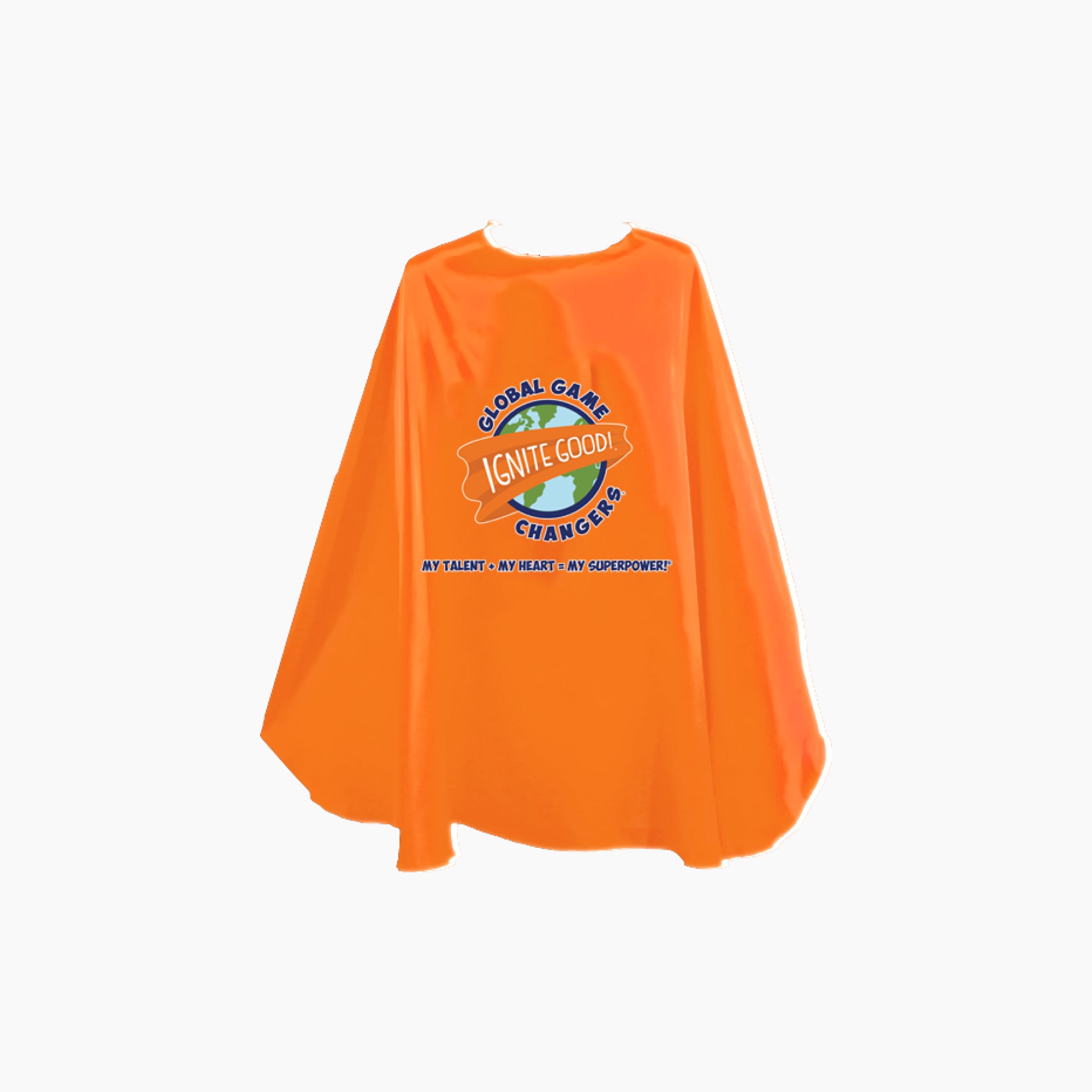 Orange superhero cape with Global Game Changers logo and GGC Superpower equation on a white background
