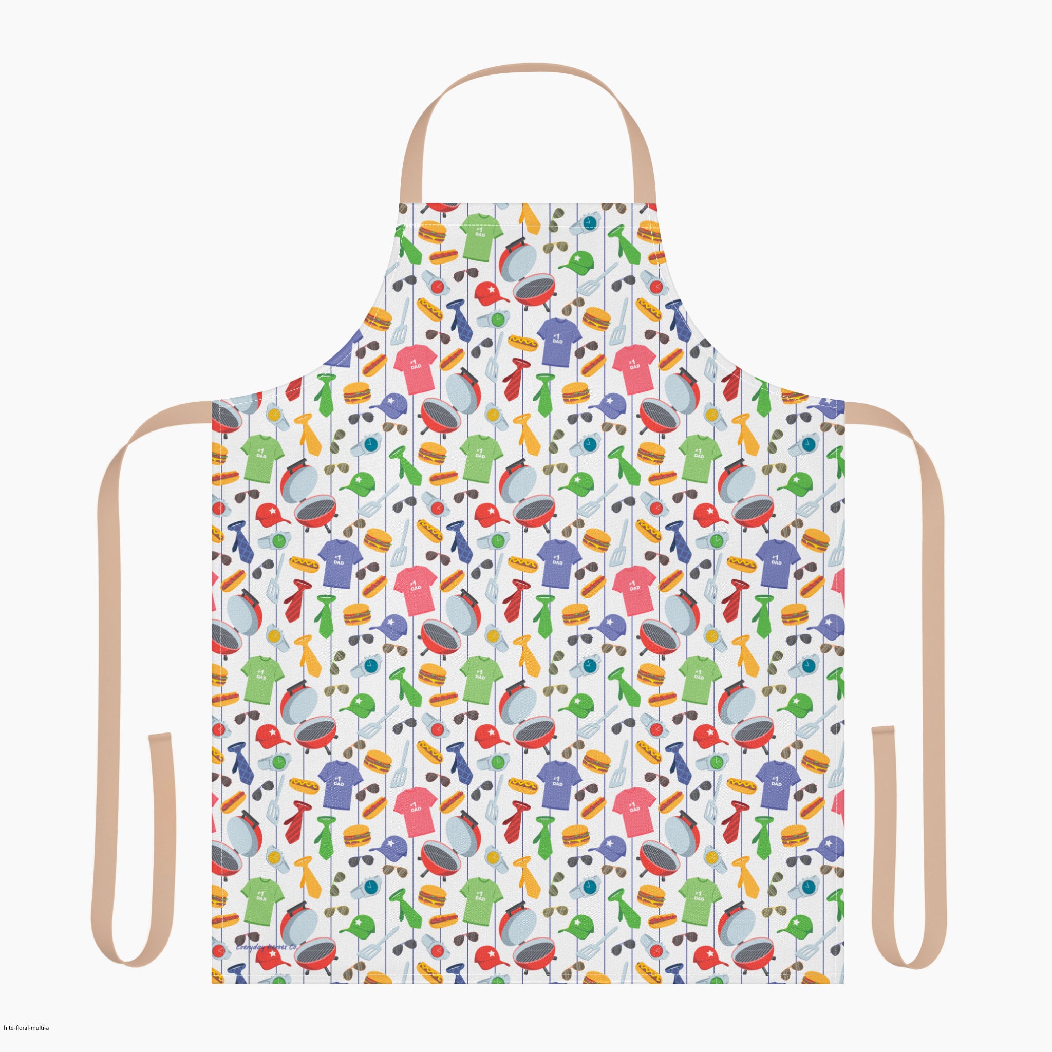 Colorful apron with dad-themed pattern on a white background