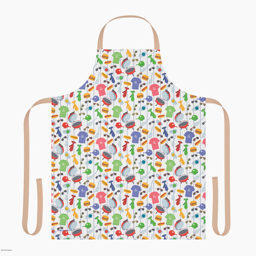 Colorful apron with dad-themed pattern on a white background