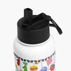 White water bottle with black lid and dad-themed pattern on a white background