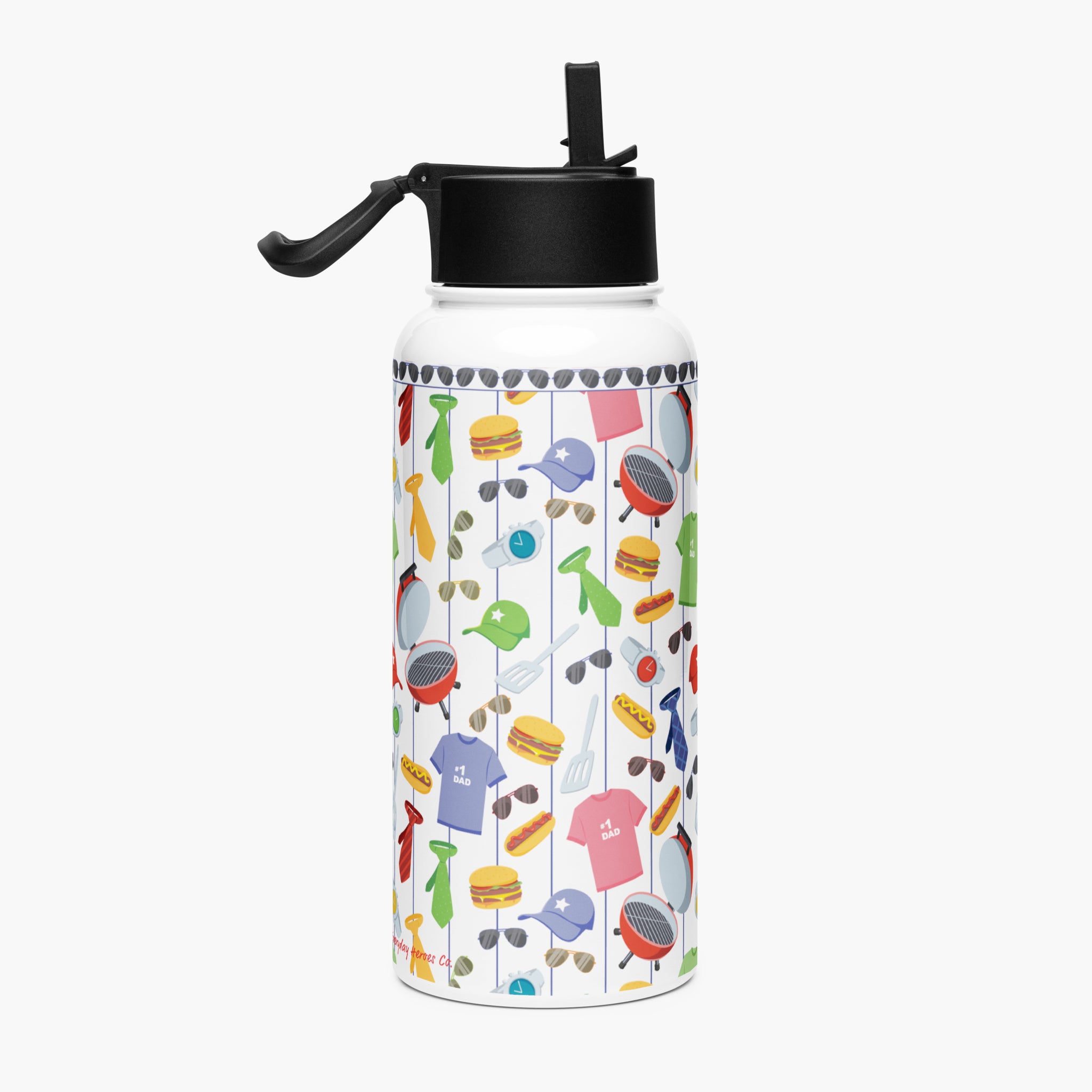 Water bottle with dad-themed pattern on a white background