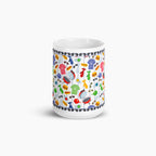 White mug with colorful dad-themed design on a white background