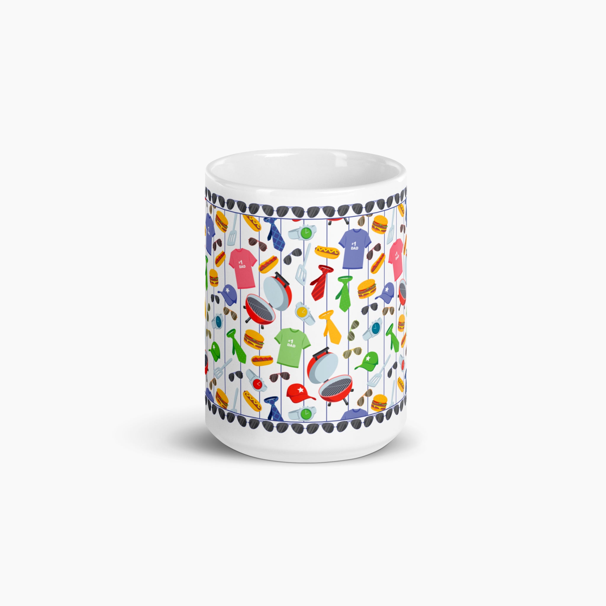 White mug with colorful dad-themed design on a white background