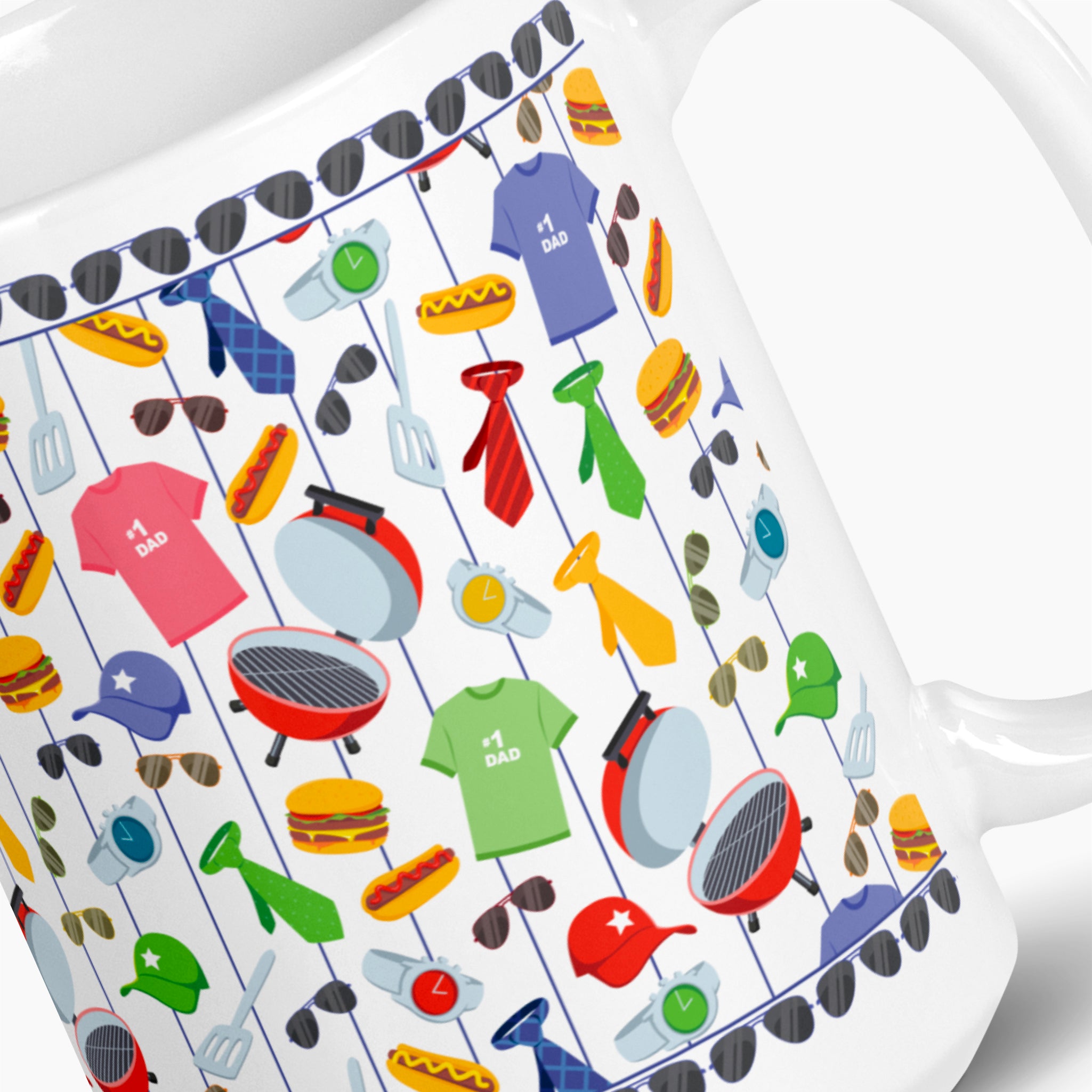 White mug with colorful dad-themed design on a white background