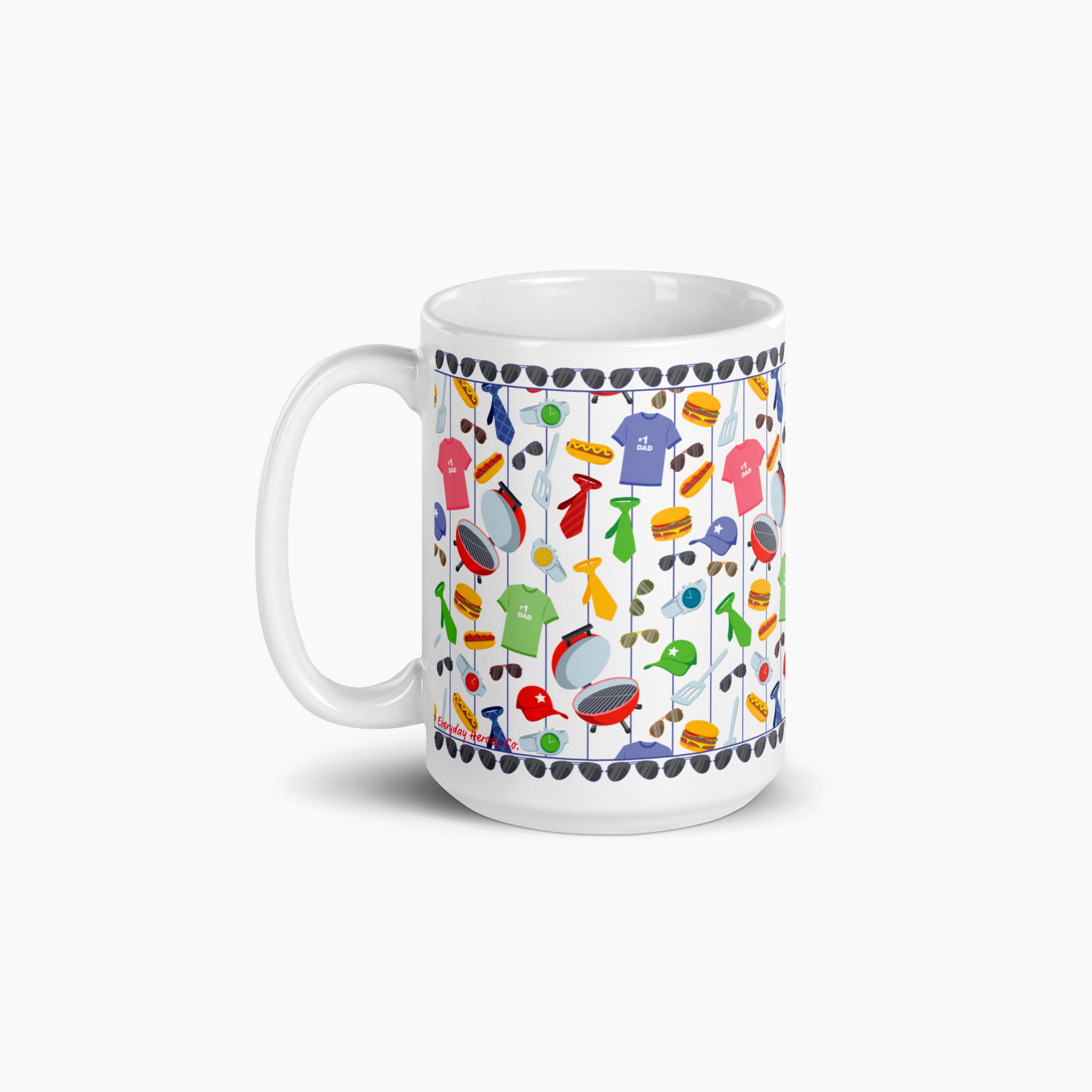 White mug with colorful dad-themed design on a white background