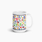 White mug with colorful dad-themed design on a white background