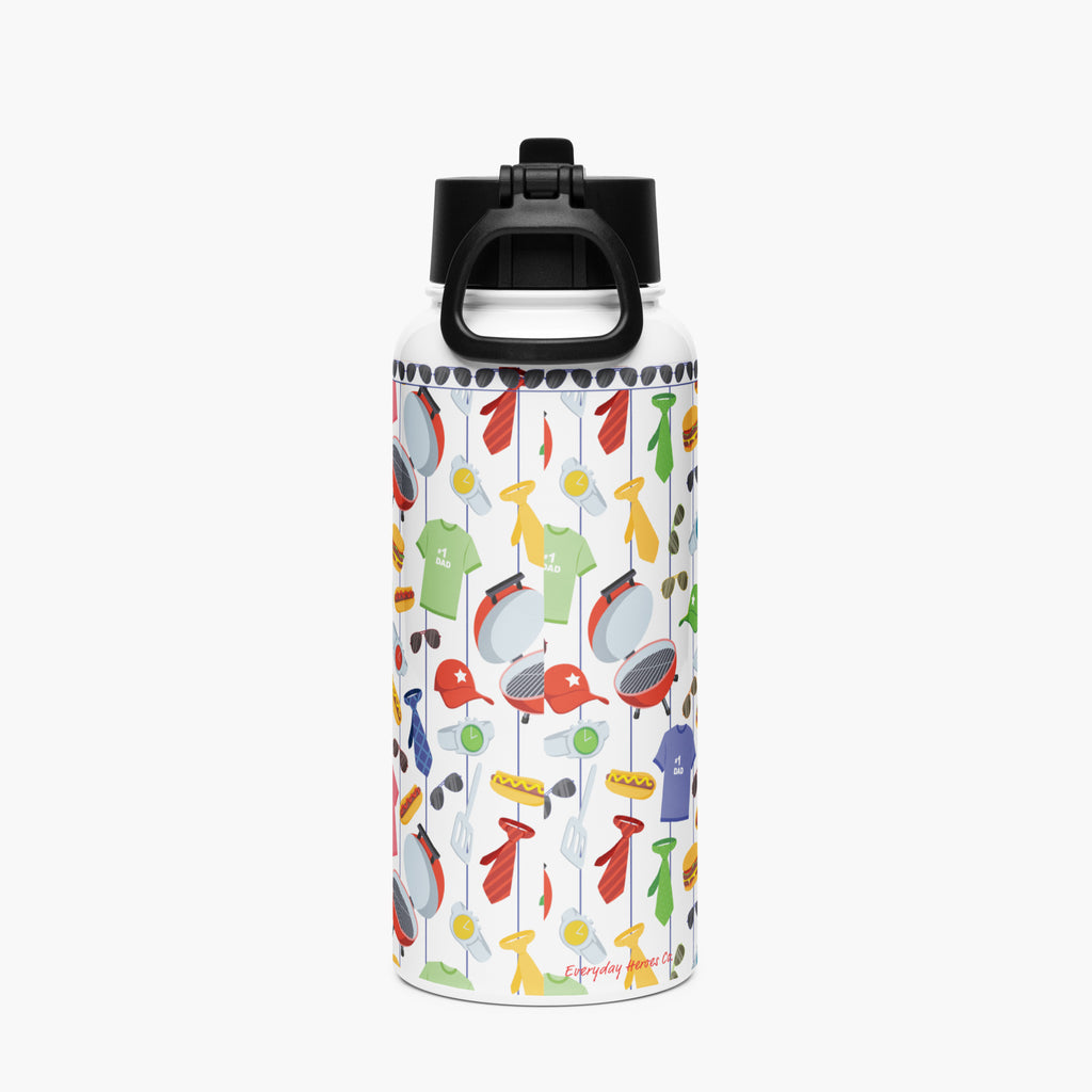 Dad-themed patterned water bottle with black cap on a white background