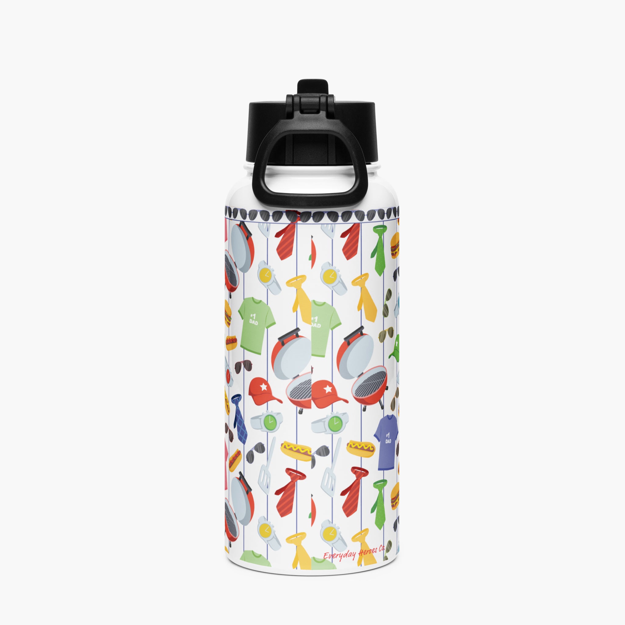 Dad-themed patterned water bottle with black cap on a white background