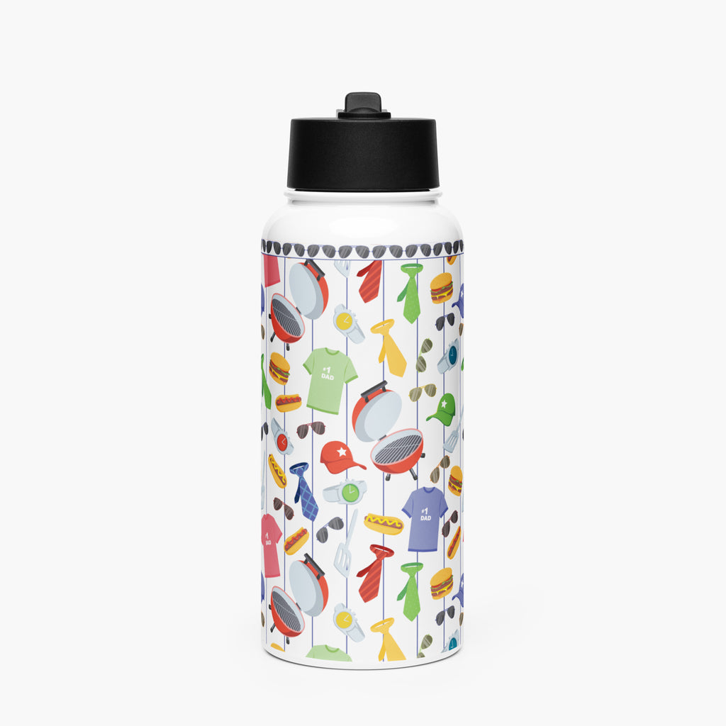 Dad-themed patterned water bottle with black lid on a white background
