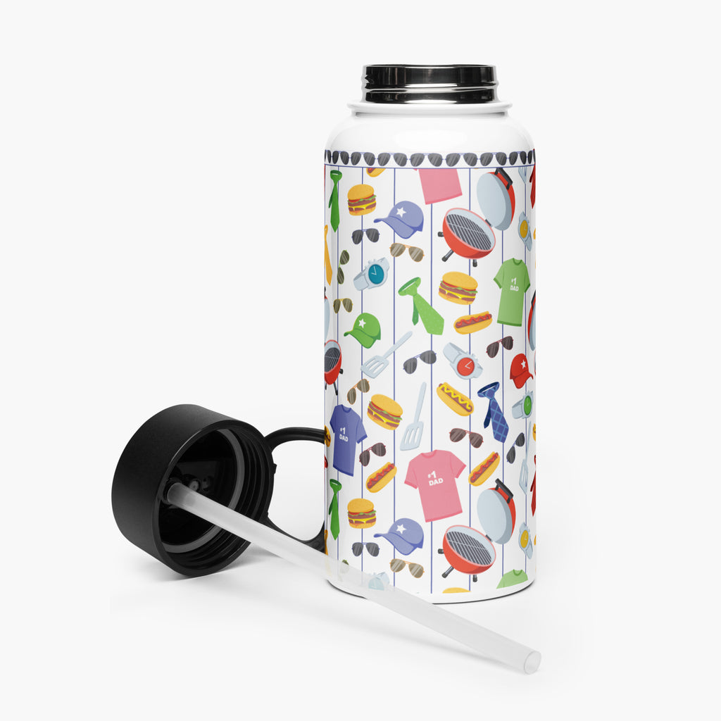 Dad-themed patterned water bottle with a straw on a white background
