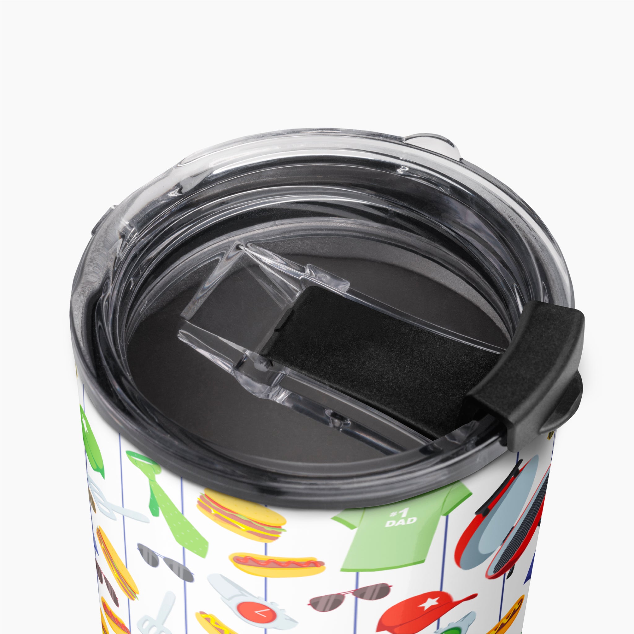 Tumbler with a colorful dad-themed pattern on a white background