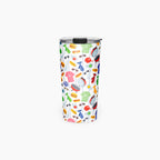 Tumbler with a colorful dad-themed pattern on a white background