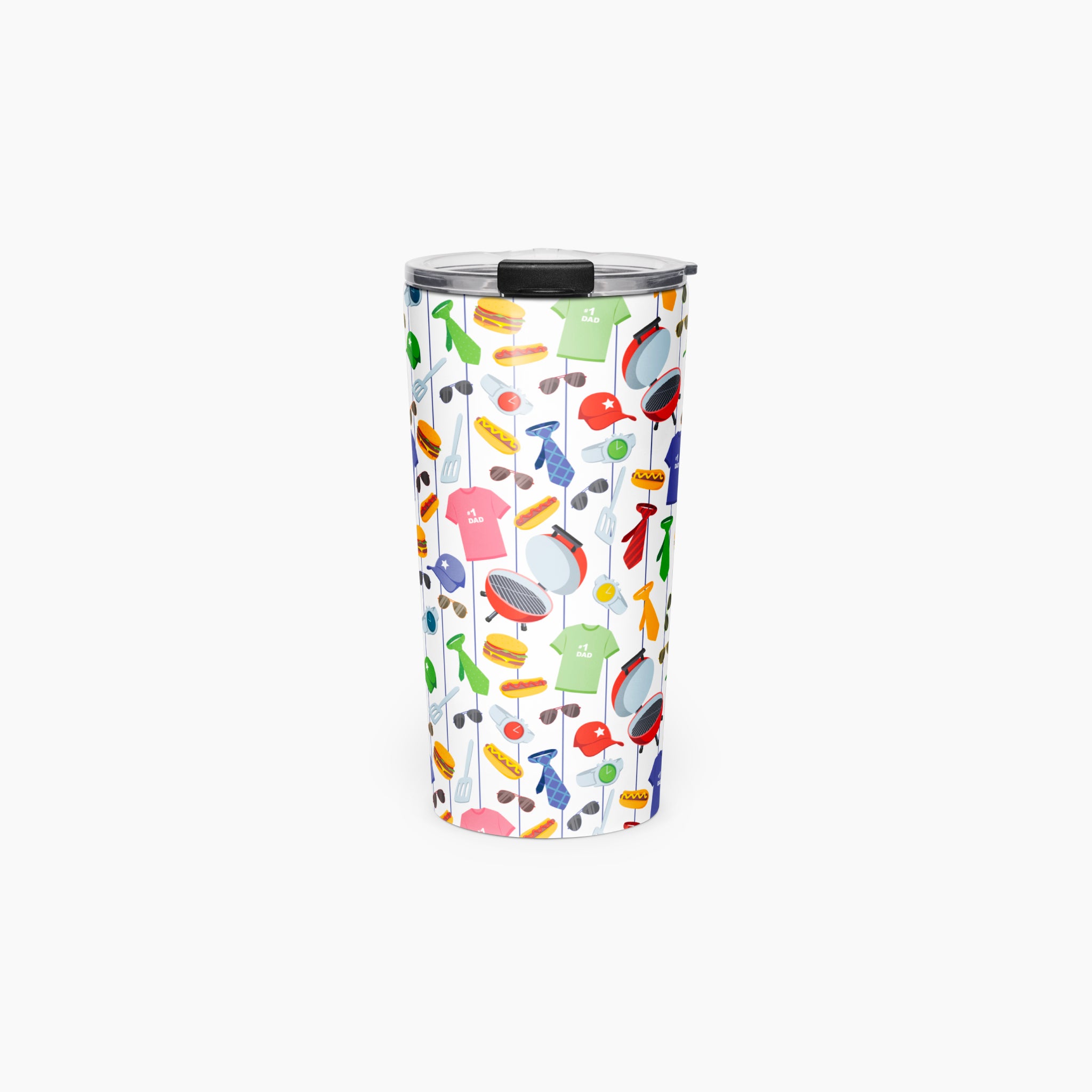 Tumbler with a colorful dad-themed pattern on a white background