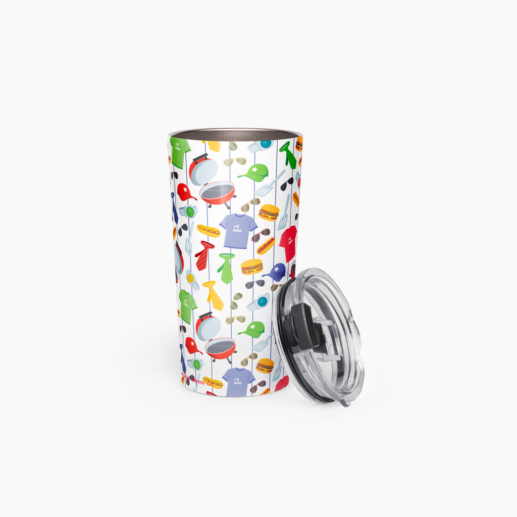 Tumbler with a colorful dad-themed pattern on a white background