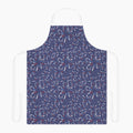 Navy blue apron with red white and blue firework pattern on a white background