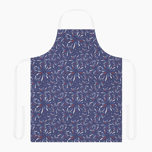 Navy blue apron with red white and blue firework pattern on a white background