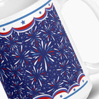 White mug with blue and fireworks design on a white background