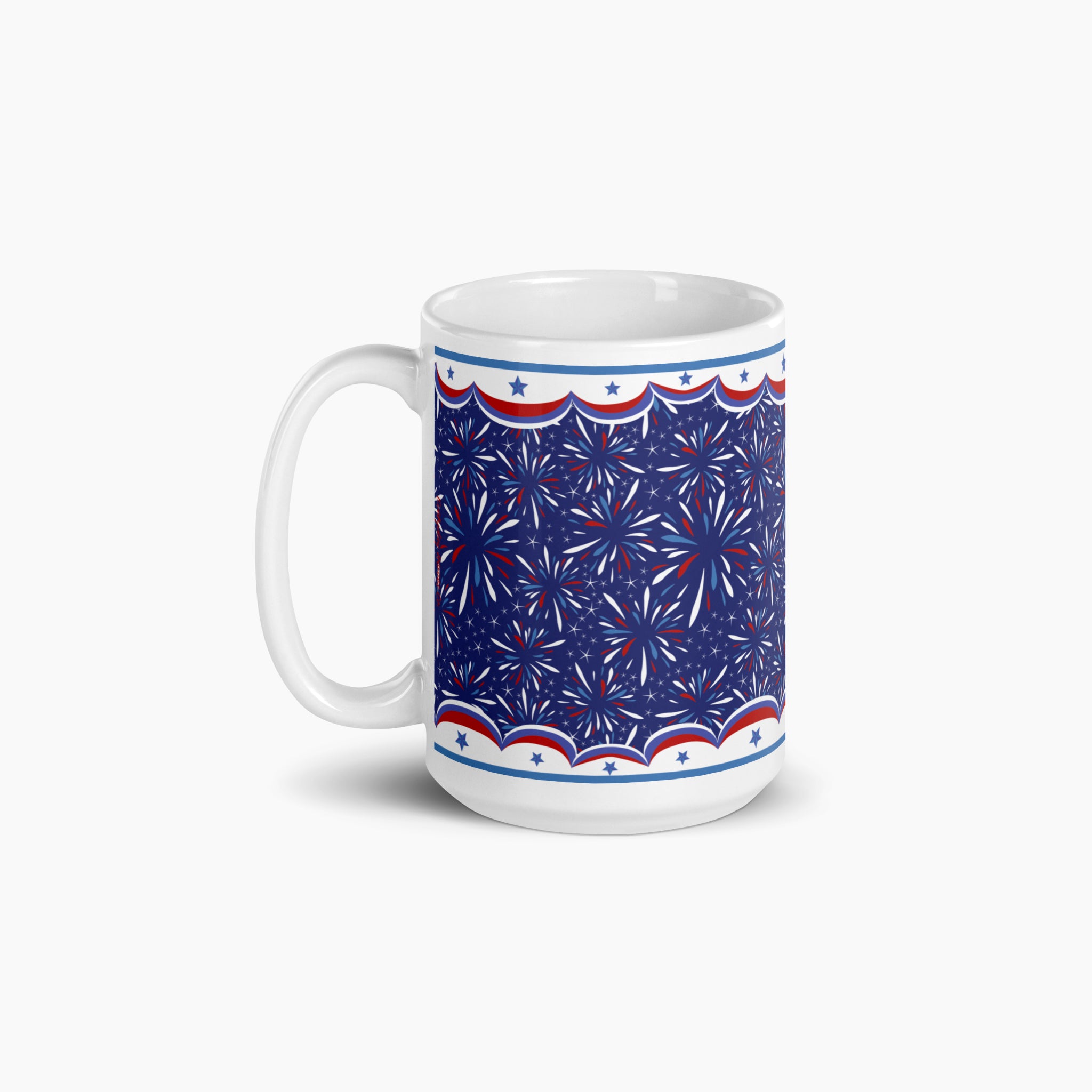 White mug with blue and fireworks design on a white background
