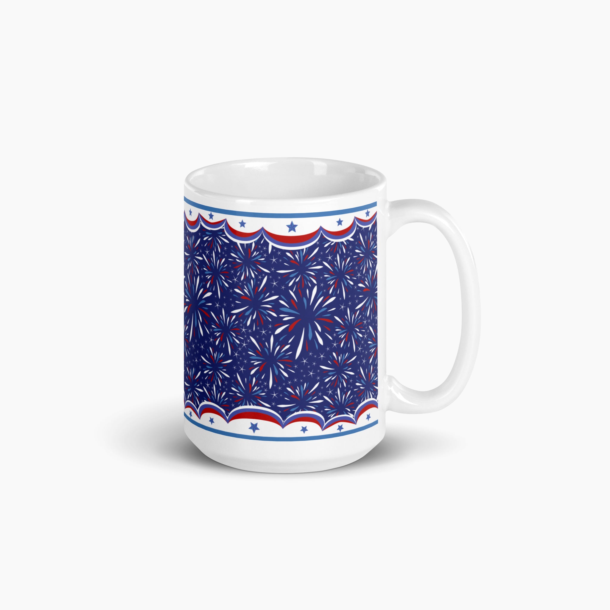 White mug with blue and fireworks design on a white background