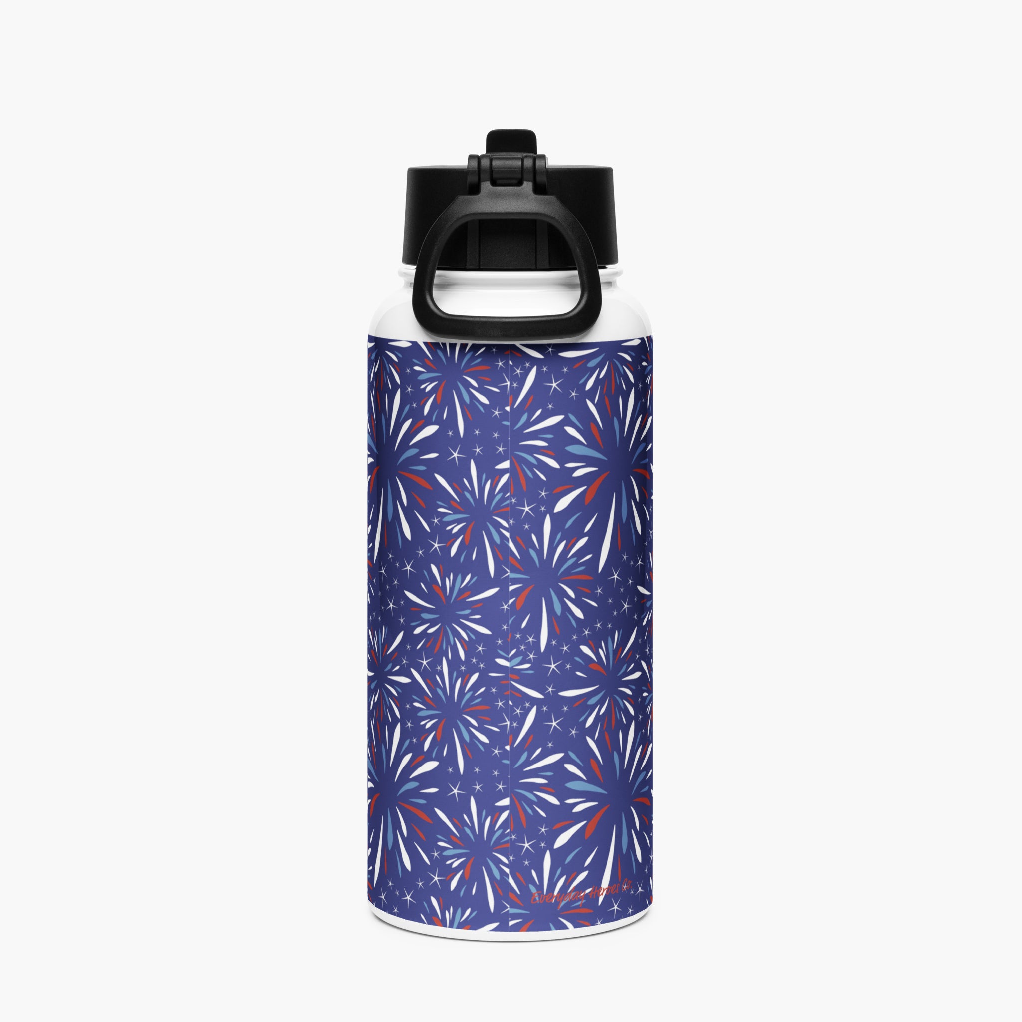 Water bottle with a blue fireworks pattern on a white background