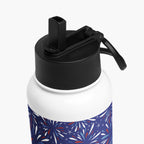 White water bottle with black lid and blue fireworks pattern on a white background