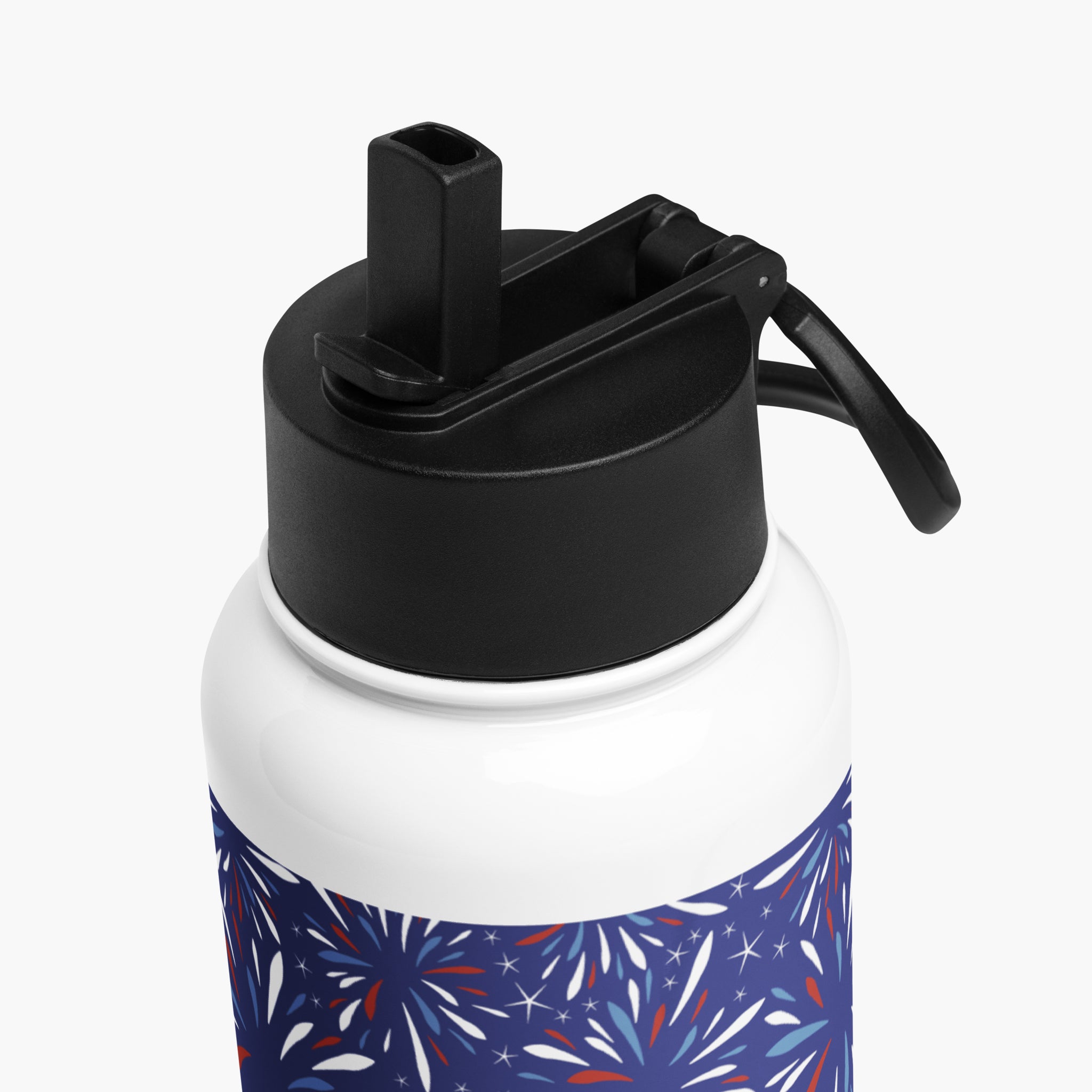 White water bottle with black lid and blue fireworks pattern on a white background